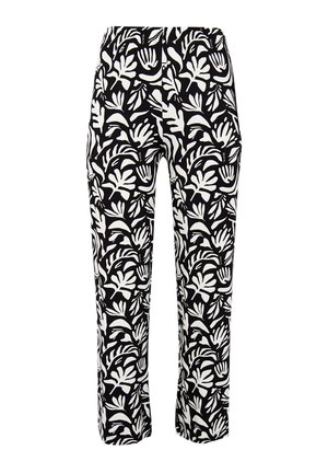Zwart-witte broek met een bloemenbladpatroon, elastische tailleband, rechte pijpen en lichtgewicht stof.