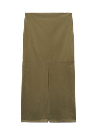 Jupe crayon vert olive longueur genou avec couture centrale au dos et petite fente arrière à l'ourlet.
