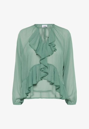 Blusa in chiffon verde con un davanti arricciato, maniche lunghe con polsini arricciati e un dettaglio con fiocco all'collo.