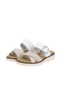 White and beige sandals with a double strap design, suede material, a rounded toe, and a silver buckle on the outer strap. Flat sole.