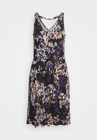 Ærmeløs sort kjole med lilla, hvide og ferskenfarvede blomsterprint, V-udskæring og taljebånd med duske.