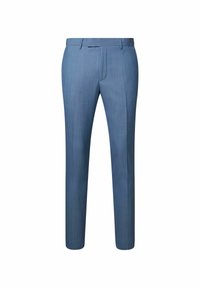 Lichtblauwe op maat gemaakte broeken met een gladde textuur, slim fit en subtiele verticale strepen. Heeft een platte voorkant en een standaard taille.