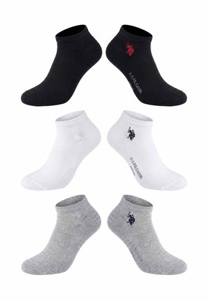 Drei Paar knöchellange Socken in Schwarz, Weiß und Grau, jeweils mit einem kleinen U.S. Polo Assn.-Logo an der Seite.
