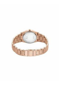 Rosegold-Uhren aus Edelstahl mit einem achteckigen Gehäuse, Armband aus Gliedern und weißem Zifferblatt. Verfügt über einen Verschluss und ist wasserfest.