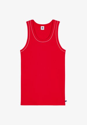 Canotta rossa a coste con scollatura a girocollo e cuciture a contrasto bianche. Il tessuto è liscio e presenta una piccola etichetta con il logo all'orlo.