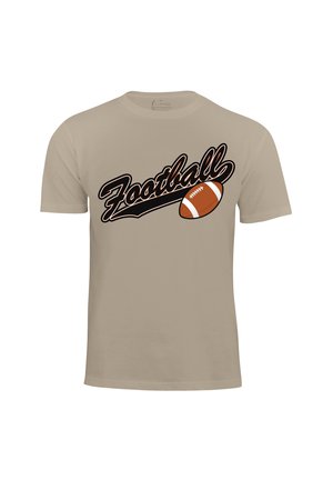 Beige cotton t-shirt featuring a bold black "Football" text and an illustration of a brown and white football on the front.