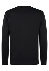 Zwarte sweatshirt met lange mouwen, geribbelde ronde hals en manchetten. Glad textuur met contrasterende stoffenpanelen op de schouders. Geen zichtbaar logo.