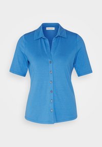 Short-sleeve blue polo shirt made of soft fabric with a pointed collar, featuring a button-down front and a relaxed fit.
