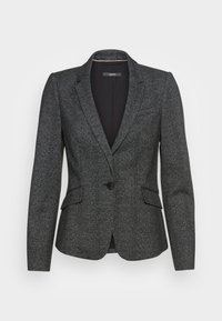Grauer Fischgrätblazer mit einem einzelnen schwarzen Knopf, geflammtem Revers und zwei vorderen Taschen. Die Textur wirkt gewoben und ist auf einen figurbetonten Look abgestimmt.
