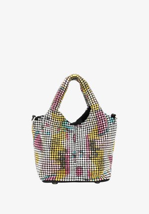 Funkelnde Handtasche, verziert mit mehrfarbigen Strasssteinen; verfügt über ein weiches schwarzes Innenfutter, abgerundete Griffe und eine lockere Form.