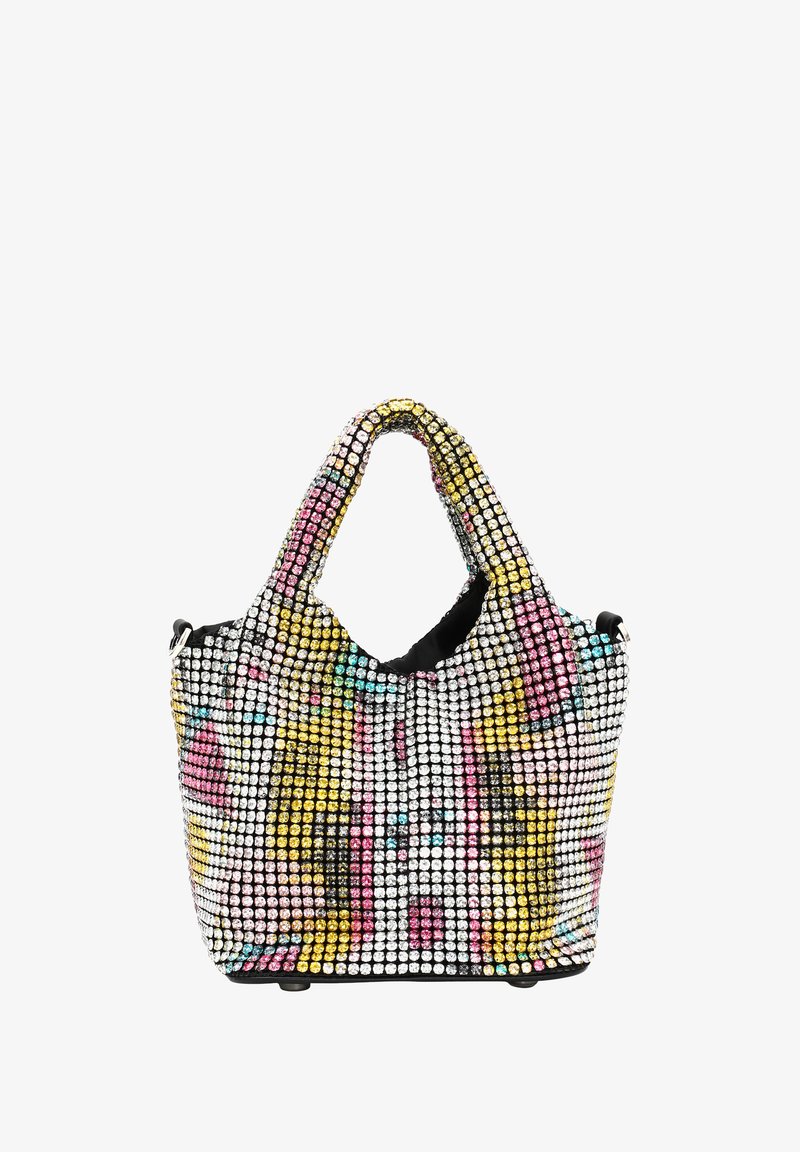 Sac à main scintillant orné de strass multicolores ; il présente un intérieur noir doux, des poignées arrondies et une forme décontractée.