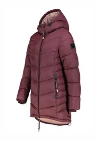 Burgundyfärbige Daunenjacke mit Kapuze, Reißverschluss vorne und elastischen Bündchen. Strukturiertes, gestepptes Design mit kontrastierender Innenverkleidung.