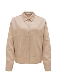 Beige overhemdd met een kraag, gemaakt van gladde stof. Heeft een getailleerde pasvorm, zijzakken en ribbelaccenten op de mouwen.
