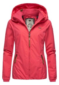 Roze waterdichte jas met een capuchon, voorzien van een volledige rits aan de voorkant, elastische manchetten en zijzakken met decoratieve ritsen.