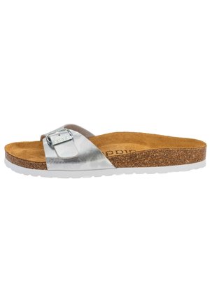 Silver metallic slide sandal with a cork footbed, featuring a gray strap and adjustable silver buckle, set on a flexible white sole.
