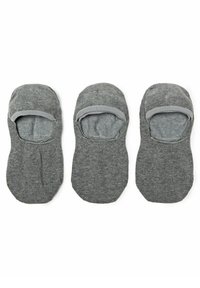 Gray ankle socks made of soft fabric with a low cut design and elasticized openings for a secure fit, featuring a smooth texture.