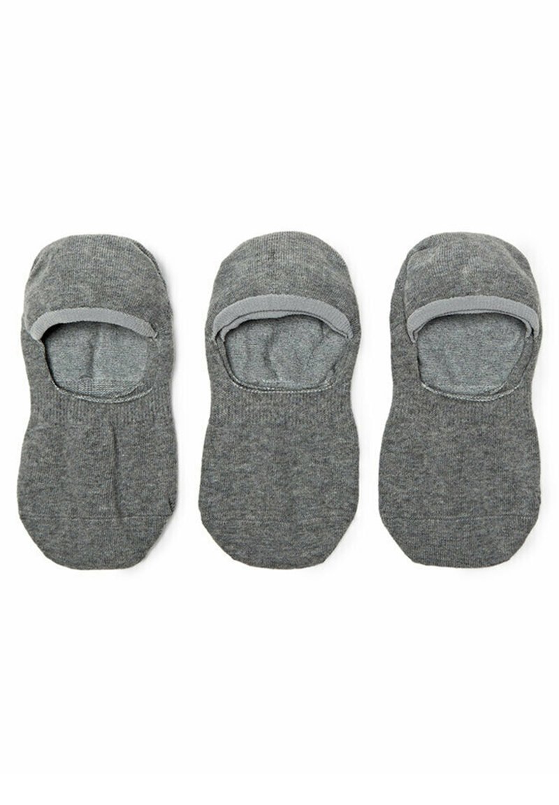 Gray ankle socks made of soft fabric with a low cut design and elasticized openings for a secure fit, featuring a smooth texture.