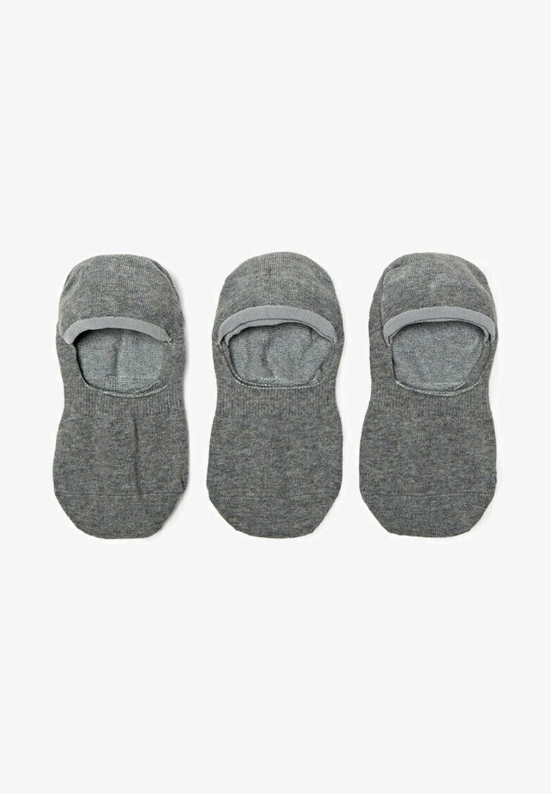 Graue Knöchelstrümpfe aus weichem Stoff mit niedrigem Schnitt und elastischen Öffnungen für einen sicheren Sitz, mit einer glatten Textur.