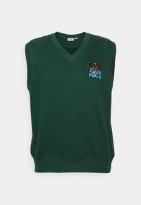 Grön ärmlös tröja med V-ringning, gjord av mjukt tyg. Har en broderad grafik i brunt och blått på bröstet.