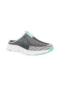 Chaussure à enfiler avec une tige en tricot noir et blanc, accents bleu clair et une semelle blanche avec un motif de traction texturé. Sans talon.