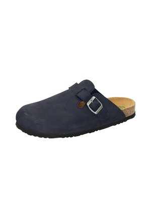 Navy blue leather clog with a round toe, adjustable silver buckle, and a cork footbed on a black rubber sole. Smooth texture, minimalist design.