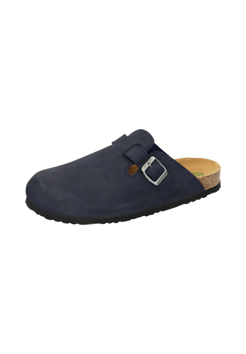 Zoccolo in pelle blu navy con punta rotonda, fibbia argentata regolabile e soletta in sughero su una suola in gomma nera. Texture liscia, design minimalista.