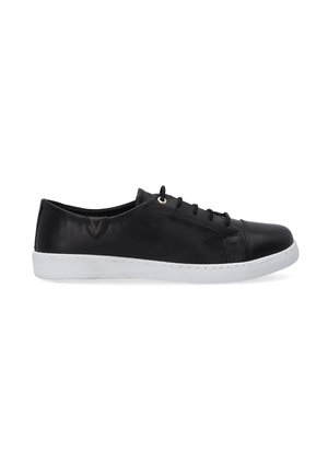 Black leather sneakers with white rubber sole, six eyelets, and gold hardware detail. Featuring a textured side panel and logo emblem.