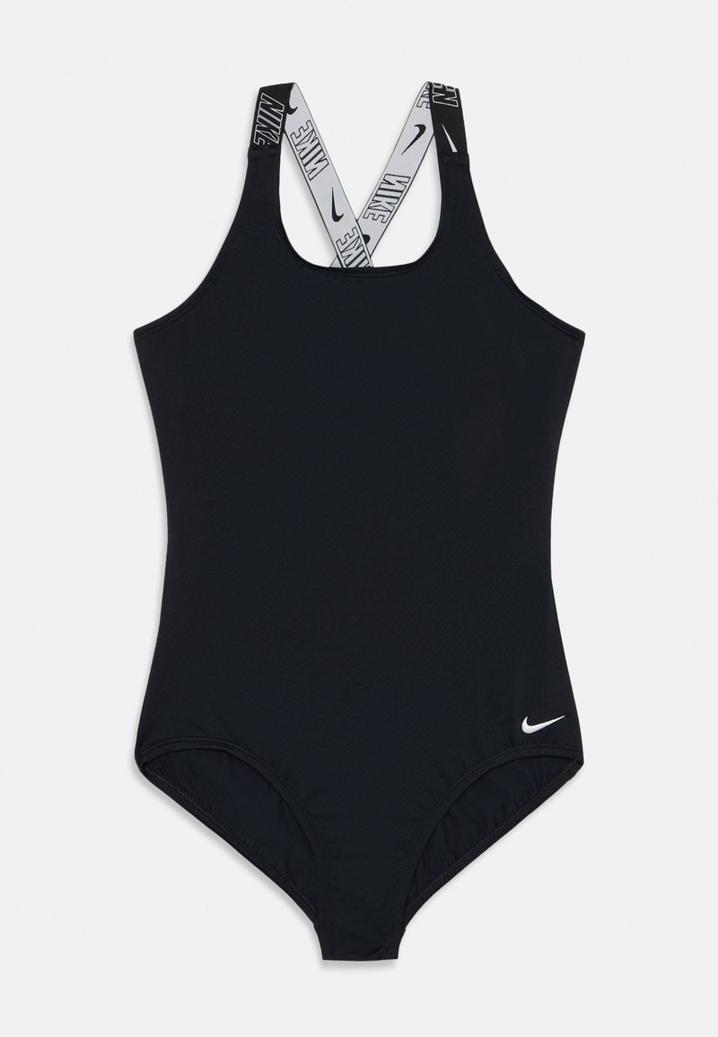 Svart heldrakt med krysslagte grå stropper, som har hvit "Nike" merkevare, og en liten hvit logo nederst foran. Glatt tekstur.