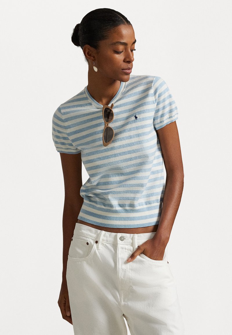Polo Ralph Lauren STRIPED SHORT SLEEVE SWEATER - Potiskana majica - pond blue heather/deckwash white