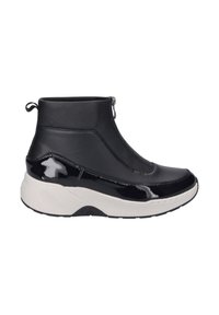 Czarne botki za kostkę wykonane z skóry i lakierowanej skóry, z wysokim, gładkim cholewką, bocznym zamkiem błyskawicznym oraz grubą białą podeszwą.