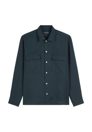 Dark teal button-up shirt made of lightweight fabric features a collar, two front pockets, and white button accents.