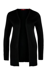 Cardigan nero con maniche lunghe e apertura frontale, caratterizzato da una texture a coste sui polsini e sull'orlo, realizzato in un morbido e leggero tessuto.