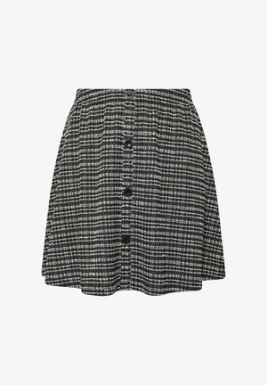 Jupe à carreaux noir et blanc avec un tissu texturé, dotée d'une taille cintrée, d'une silhouette évasée et de cinq boutons noirs sur le devant.