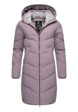 Purple puffer coat featuring a hood, zip closure, and chevron stitching. Accented with a tan leather label and a soft fleece lining.