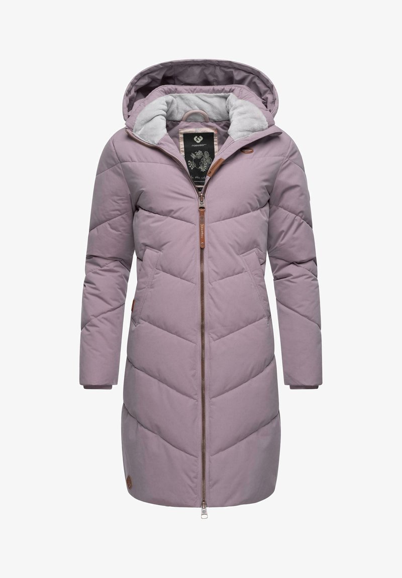 Paarse pufferjas met capuchon, ritssluiting en chevron-stiksel. Accentueert met een tan leren label en een zachte fleece voering.