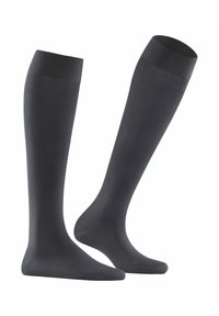 Calze a compressione nere fino al ginocchio, con una texture liscia e un bordo a costine, progettate per comfort e supporto.