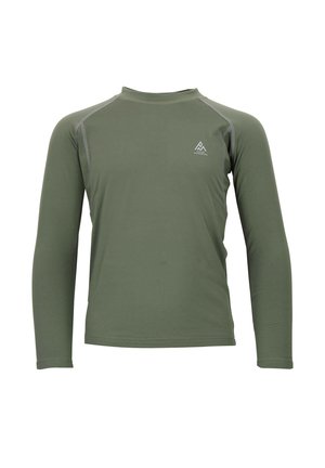 Chemise à manches longues en vert olive avec un col rond, dotée de coutures grises contrastantes et d'un petit logo sur la poitrine.