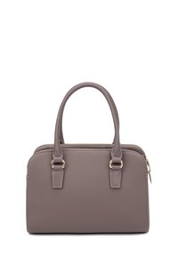Gray leather handbag with dual top handles, gold hardware accents, zipper closure, and rectangular shape. Smooth texture, minimalistic design.