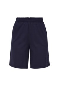 Dunkelblaue Sportshorts aus leichtem Material, mit einem elastischen Bund und einem kleinen, tonalen Logo am unteren rechten Bein.