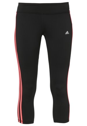 Black Adidas leggings with three vertical pink stripes down each side and Adidas logo on upper left thigh.
