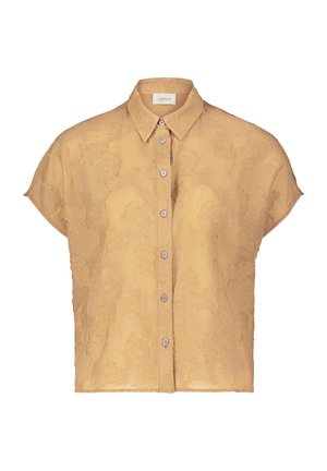 Koszula z krótkim rękawem w musztardowym kolorze z teksturowanym wzorem, z ozdobnymi guzikami i luźnym krojem.