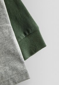 Lühikese varrukaga särk, millel on hall keha ja tumeroheline ribadega krae, esitades sileda tekstuuri, kontrastsete värvidega varrukatel.