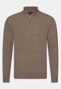 Maglione marrone con zip e collo alto, maniche lunghe, realizzato in materiale morbido, dotato di collo e polsini a costine, e una texture liscia e uniforme.