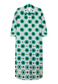 Abito lungo a camicia realizzato in tessuto morbido, caratterizzato da un motivo geometrico di fiori verdi e blu, quadrati neri e dettagli gialli.
