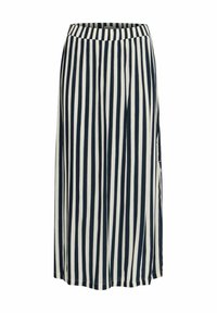 Gestreifte Midirock in Marineblau und Creme, mit einem bequemen elastischen Bund, fließendem Stoff und einer leicht A-Linien-Silhouette.