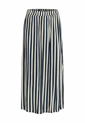 Gonna midi a righe in blu navy e crema, con un comodo elastico in vita, tessuto fluido e una leggera silhouette a trapezio.