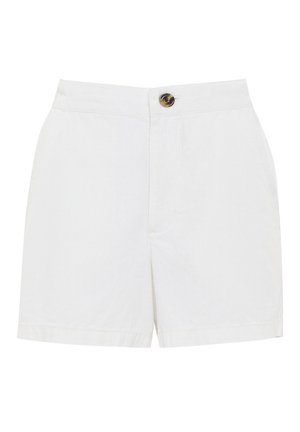 Shorts de lino blanco con corte recto, que presentan un cierre frontal con botón y bolsillos laterales. Textura suave y acabado a medida.