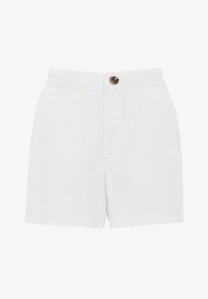 White linen shorts with a straight cut, featuring a front button closure and side pockets. Smooth texture and tailored finish.