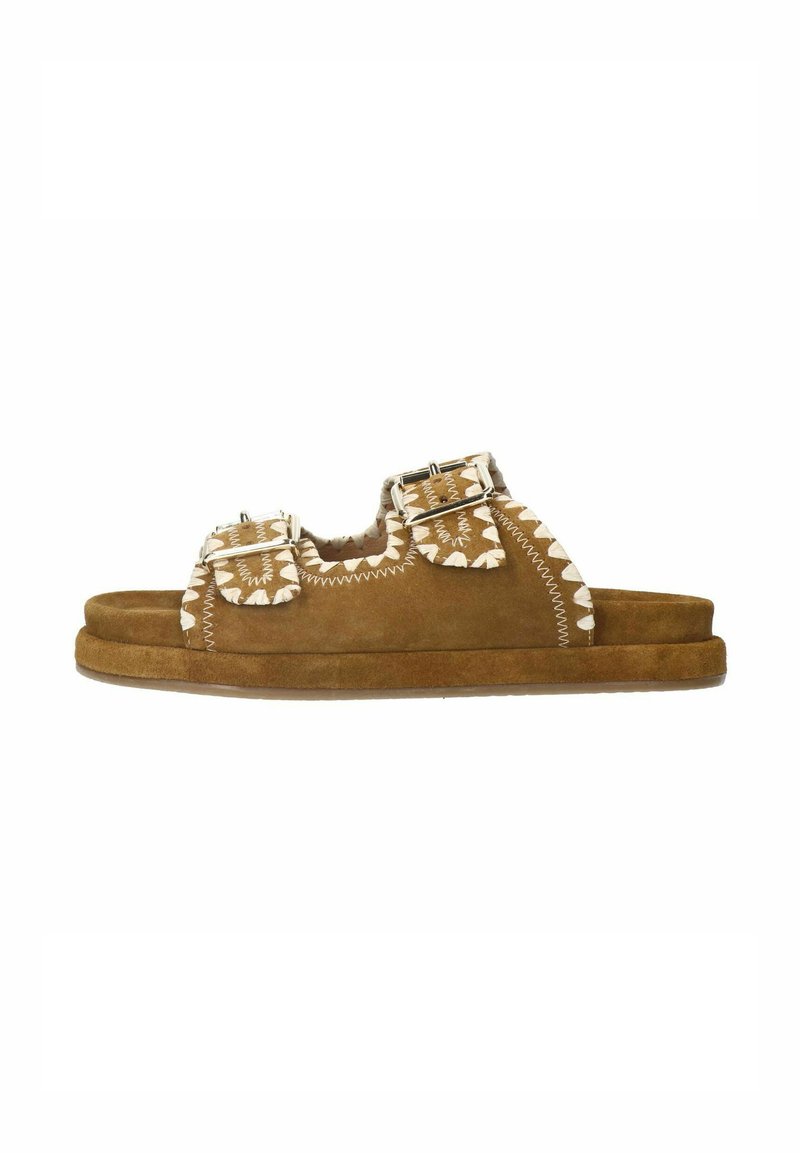 Brown suede sandals with double buckle straps, decorative stitching, open toe design, and flat soles. Textured accents enhance the design.