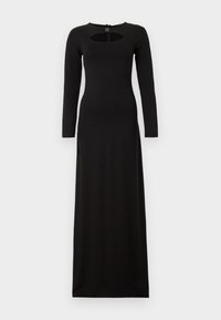 Schwarzes langärmliges Kleid mit einem runden Ausschnitt und einem Ausschnitt-Detail an der Brust. Hergestellt aus glattem Stoff, hat es eine taillierte Silhouette.